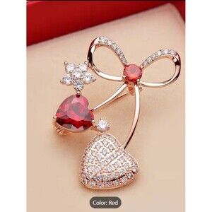 Colorful Elegant Red Crystal Heart & Bow Design Sparkly Goldtoned Fashion Brooch